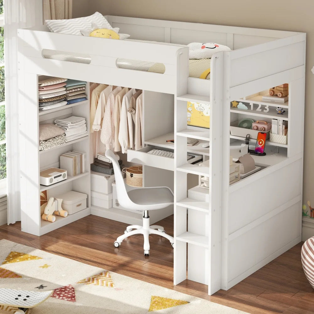 90x200cm White High Bed Frame, Loft Bed with Under‑Bed Desk