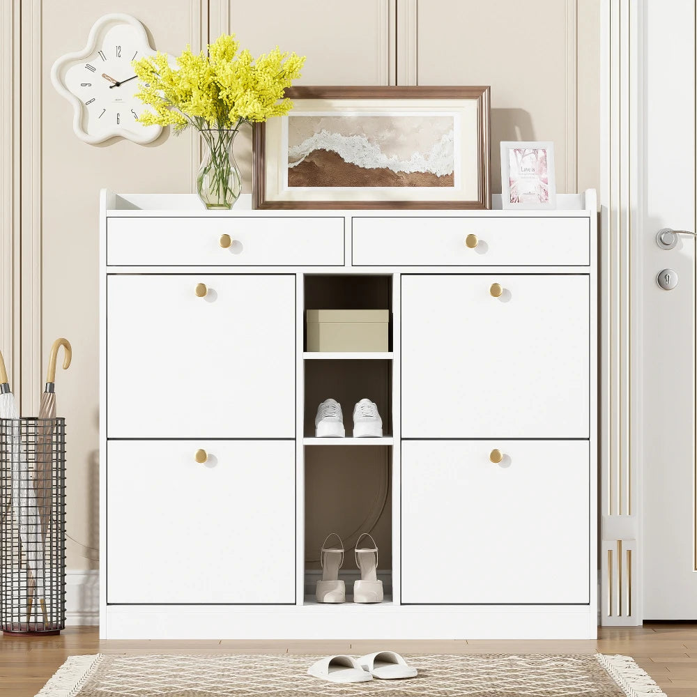 Elegant White Shoe Cabinet with 4 Folding Doors, 2 Drawers