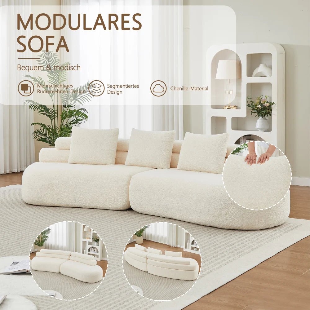 Modern Armless Modular Chenille Sofa, Curved Cashew Shape Design