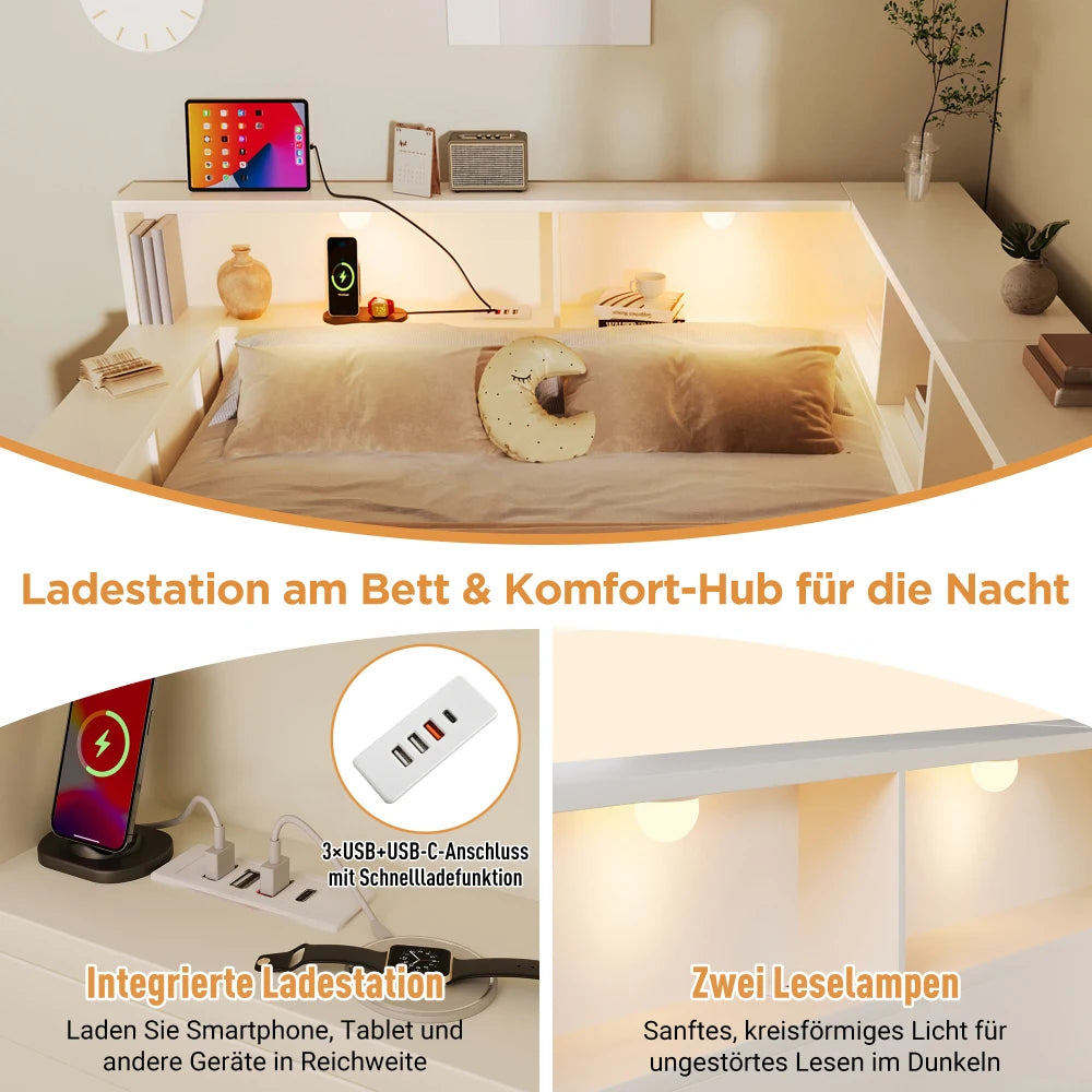 90x200cm /140x190cm /140x200cm Wooden Bed with Storage Space & Reading Light