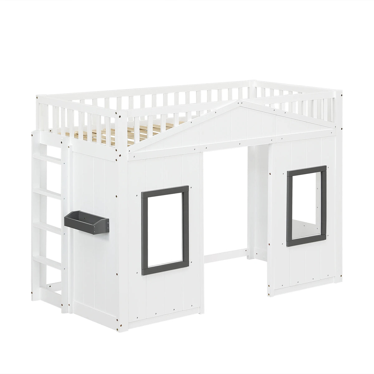 Modern Kids 90x200cm House Bunk Bed Pine Wood Frame with Stairs Window Parachute