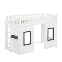 Modern Kids 90x200cm House Bunk Bed Pine Wood Frame with Stairs Window Parachute