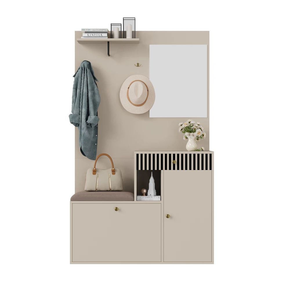 Wardrobe Set, Hallway Wardrobe with Mirror and Cushions, Living Wall, Shelf