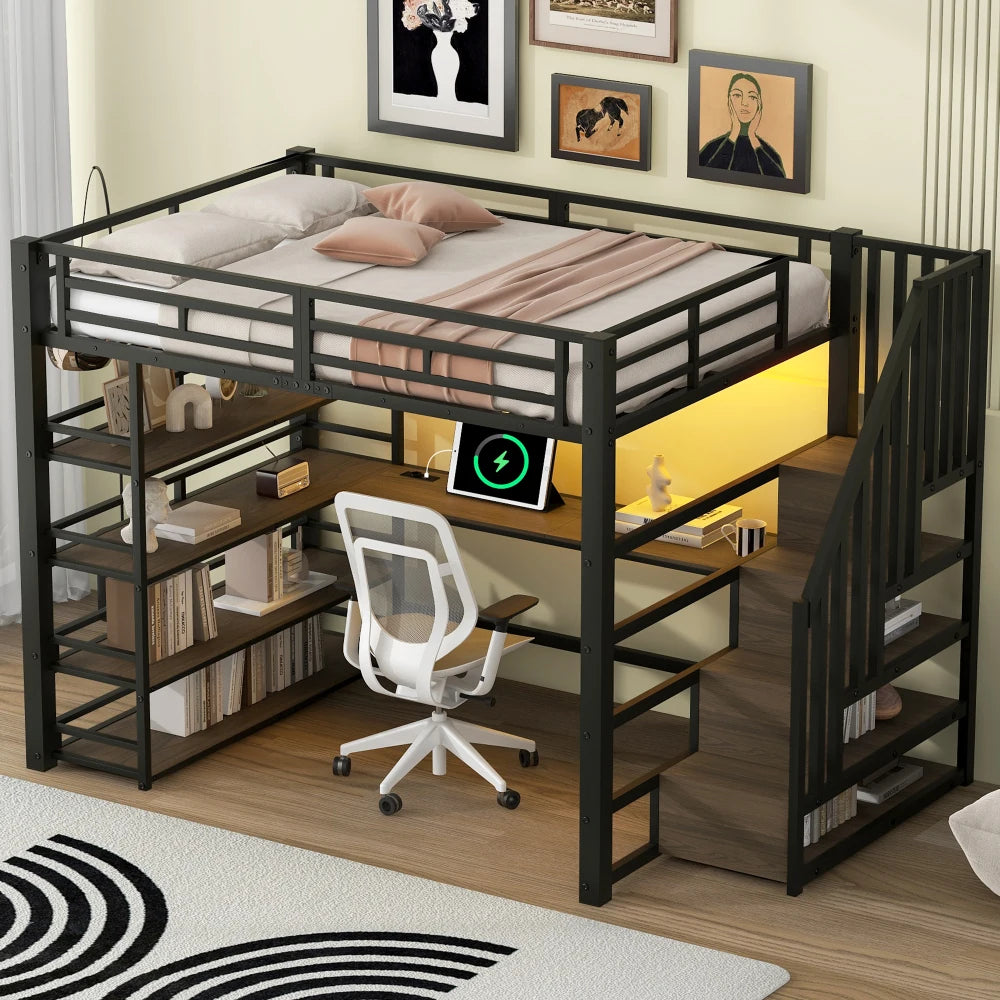 140x200cm Metal Bunk Bed with Stairs and Integrated Desk