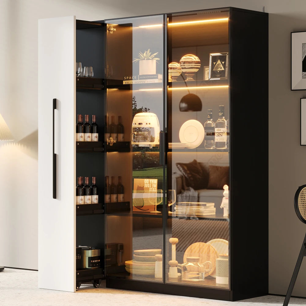 110.5×35×160cm Multifunction Showcase with Glass Door and LED, Side Drawer