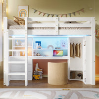 90 X 200cm/140 × 200cm High Bunk Bed, with LED Lights and Wardrobe