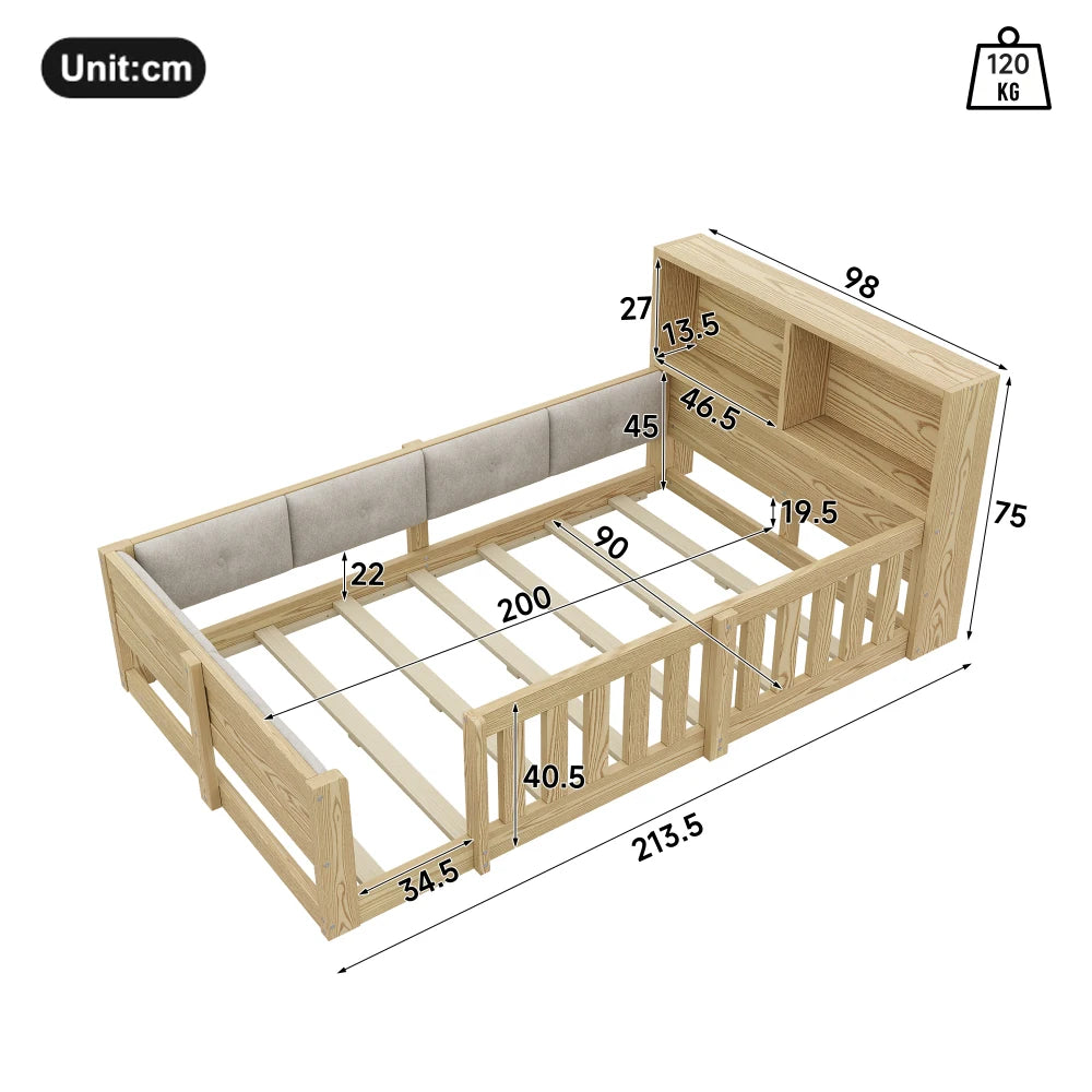 90x200cm & 140x200cm Flat Bed Frame, Children’s Bed with Safety Grille