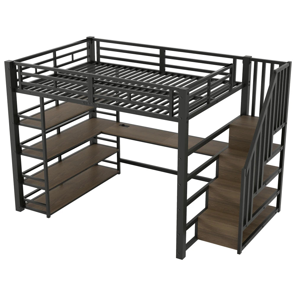 Køjeseng i metal 140x200 cm med trappe og skrivebord