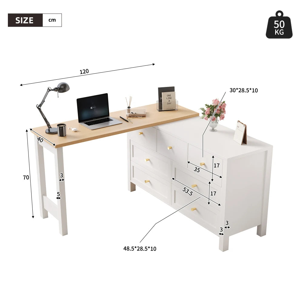 Desk with 7 Drawers Chest of Drawers -2-in-1 Turntable and Sideboard