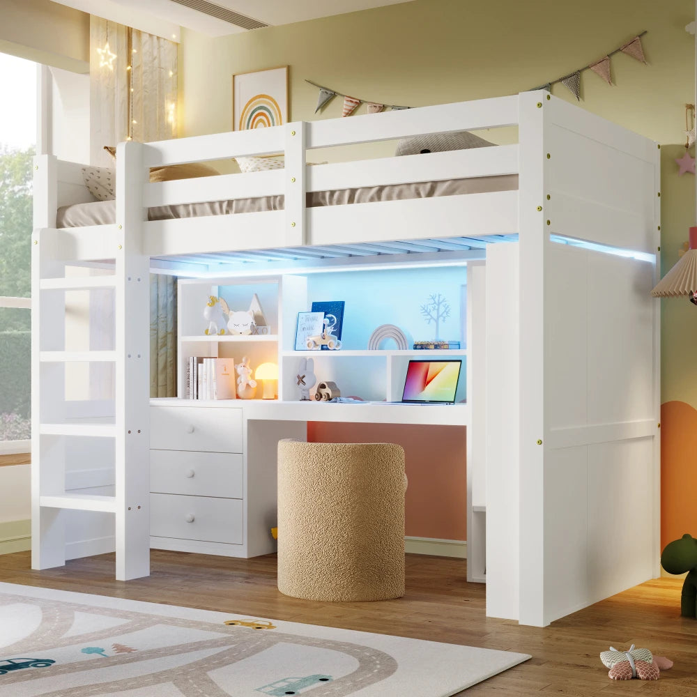 90 X 200cm/140 × 200cm High Bunk Bed, with LED Lights and Wardrobe