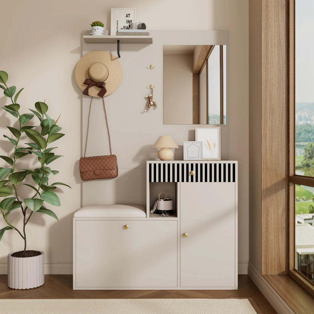 Wardrobe Set, Hallway Wardrobe with Mirror and Cushions, Living Wall, Shelf
