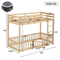 90x200cm Bunk Bed, Wooden Bed, with Rectangular Staircase, Railing and Door