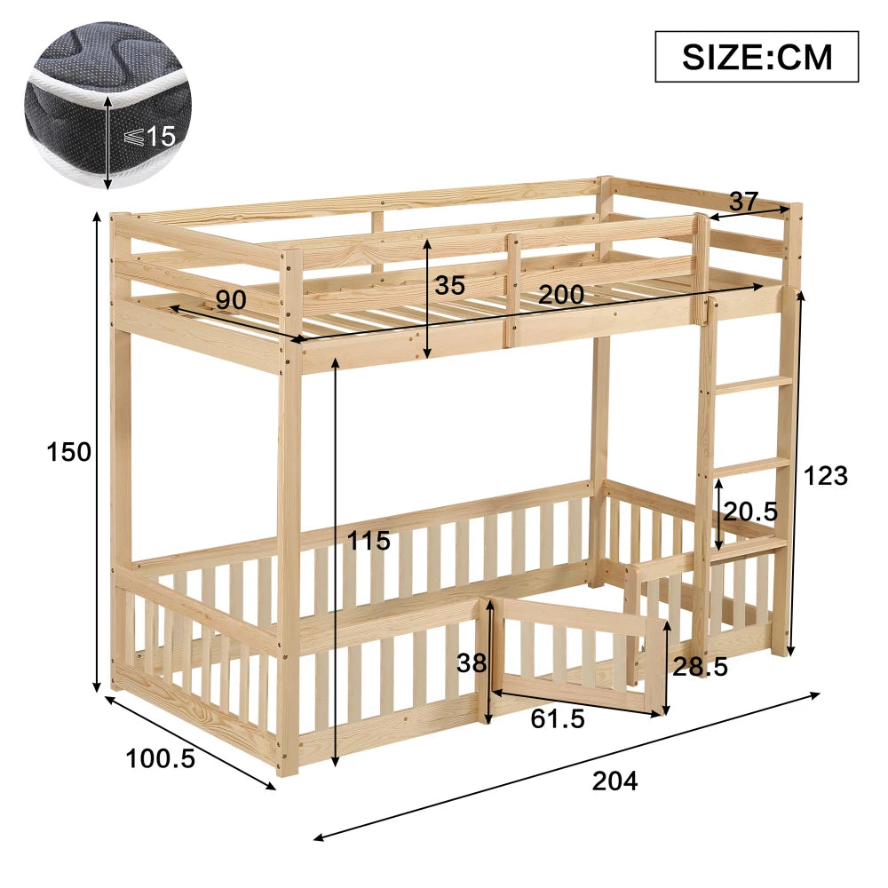 90x200cm Bunk Bed, Wooden Bed, with Rectangular Staircase, Railing and Door