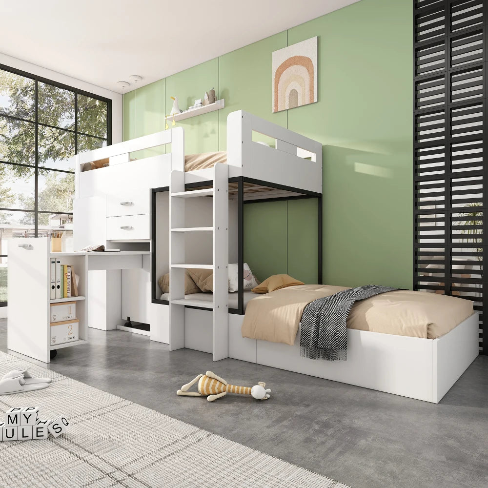 Bunk Bed with Pull-out Desk and Wardrobe, Multifunctional Kid Bed