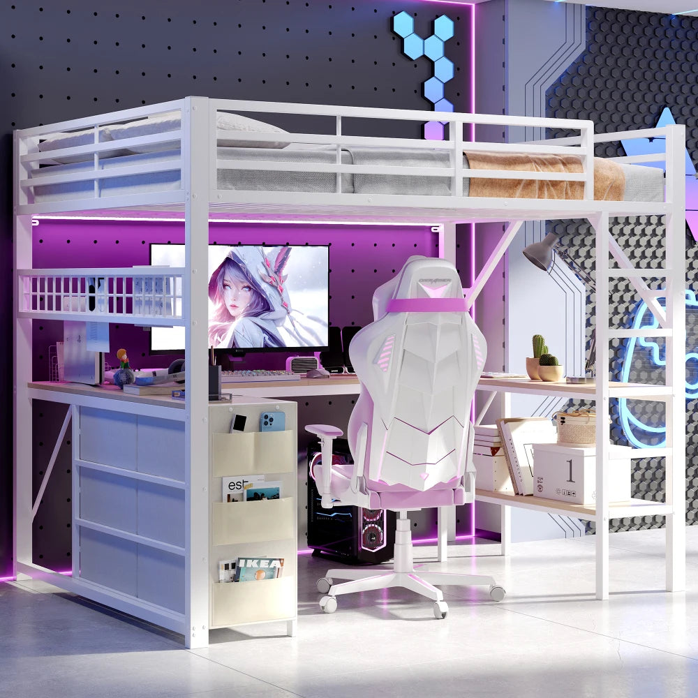 90x200cm & 140x200cm Metal Gaming High Bed Frame, Loft Bed with Drawers