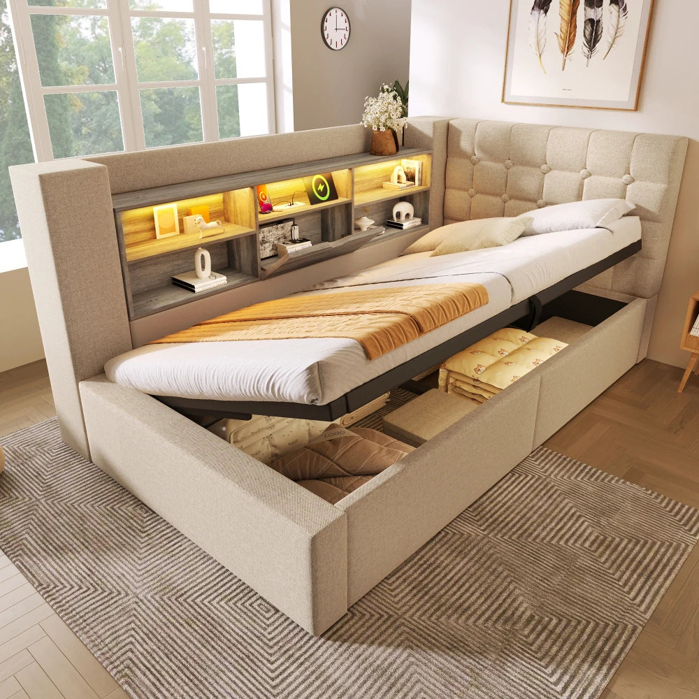 Upholstered Bed with LED Lighting, Hydraulic Storage Room, L-shaped Head