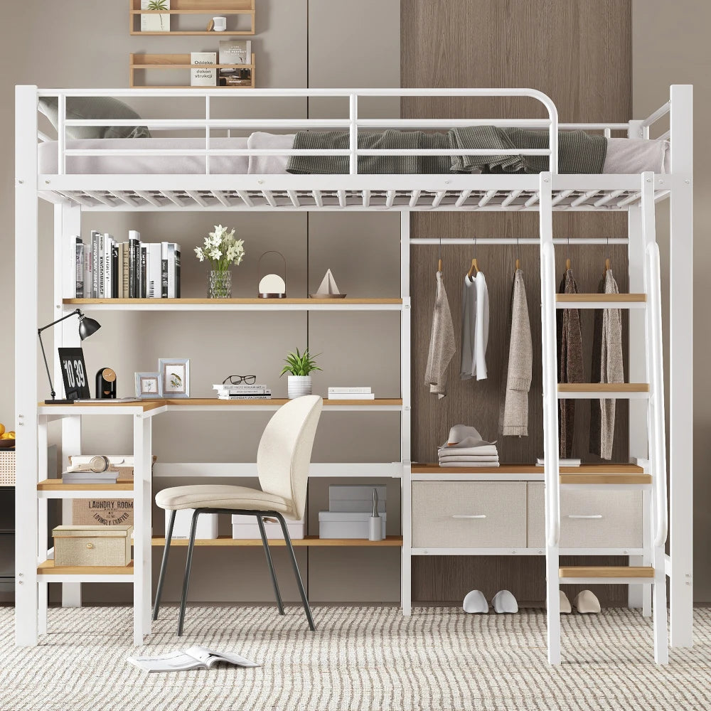 Iron Bed, Bunk Bed, Including Two Storage Boxes, with Desk and Storage Rack