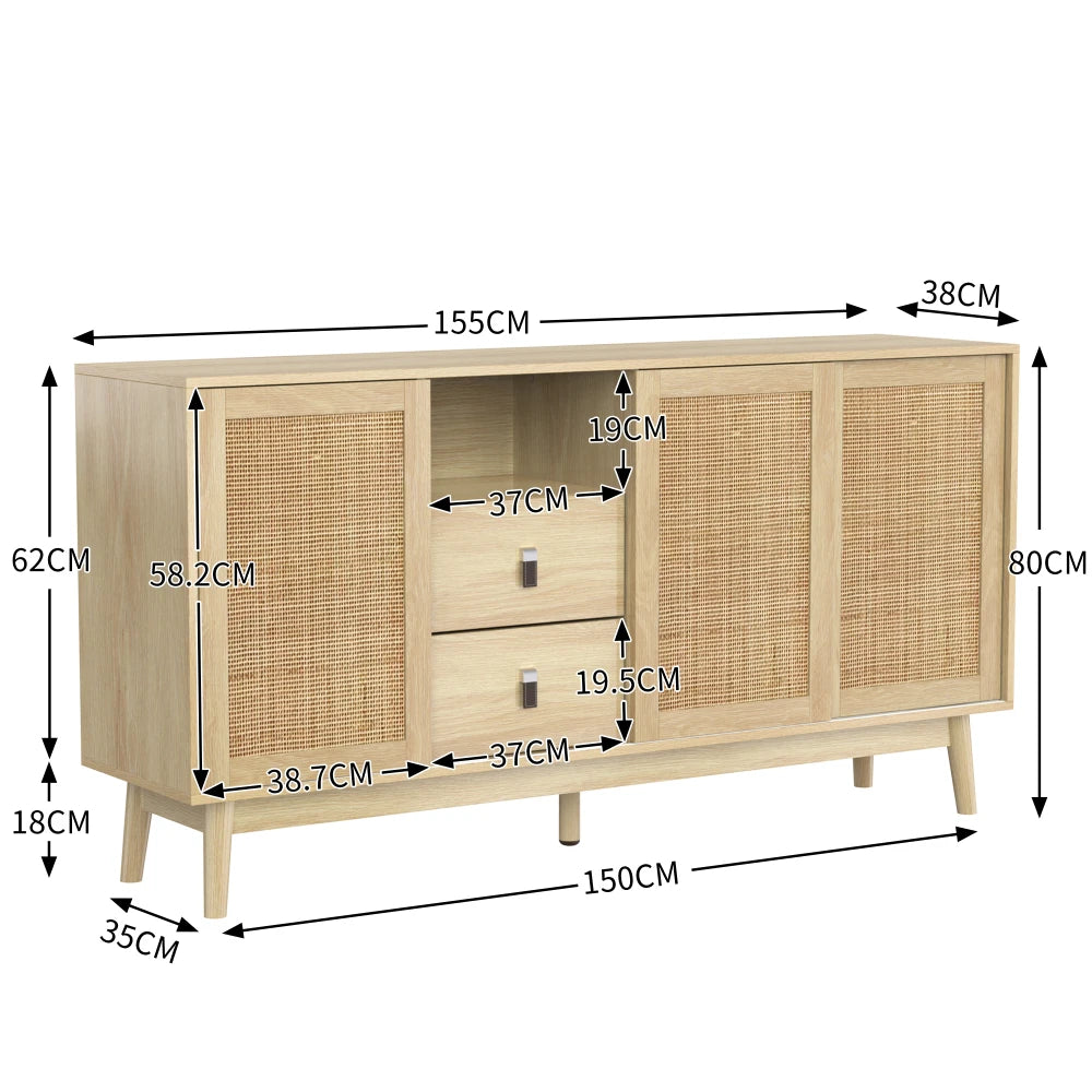 Versatile and Stable Modern Sideboard with 3 Sliding Doors in Real Rattan and 2