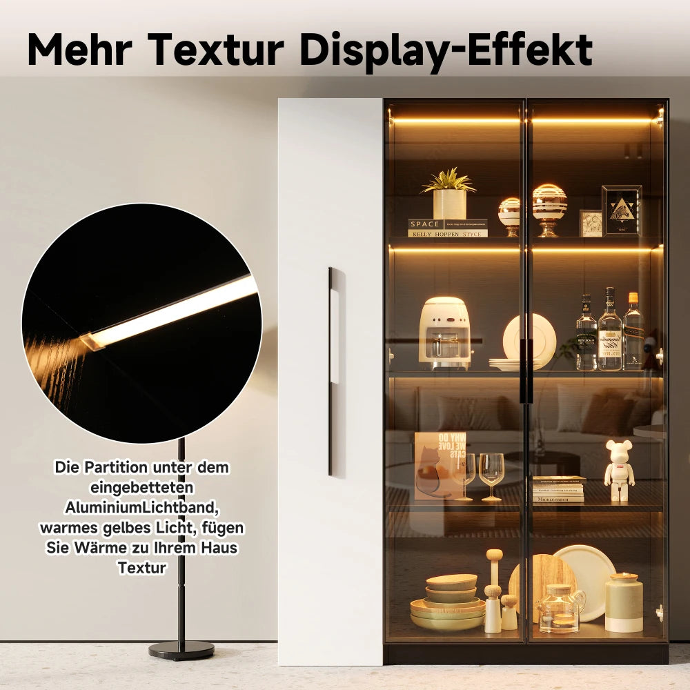 110.5×35×160cm Multifunction Showcase with Glass Door and LED, Side Drawer