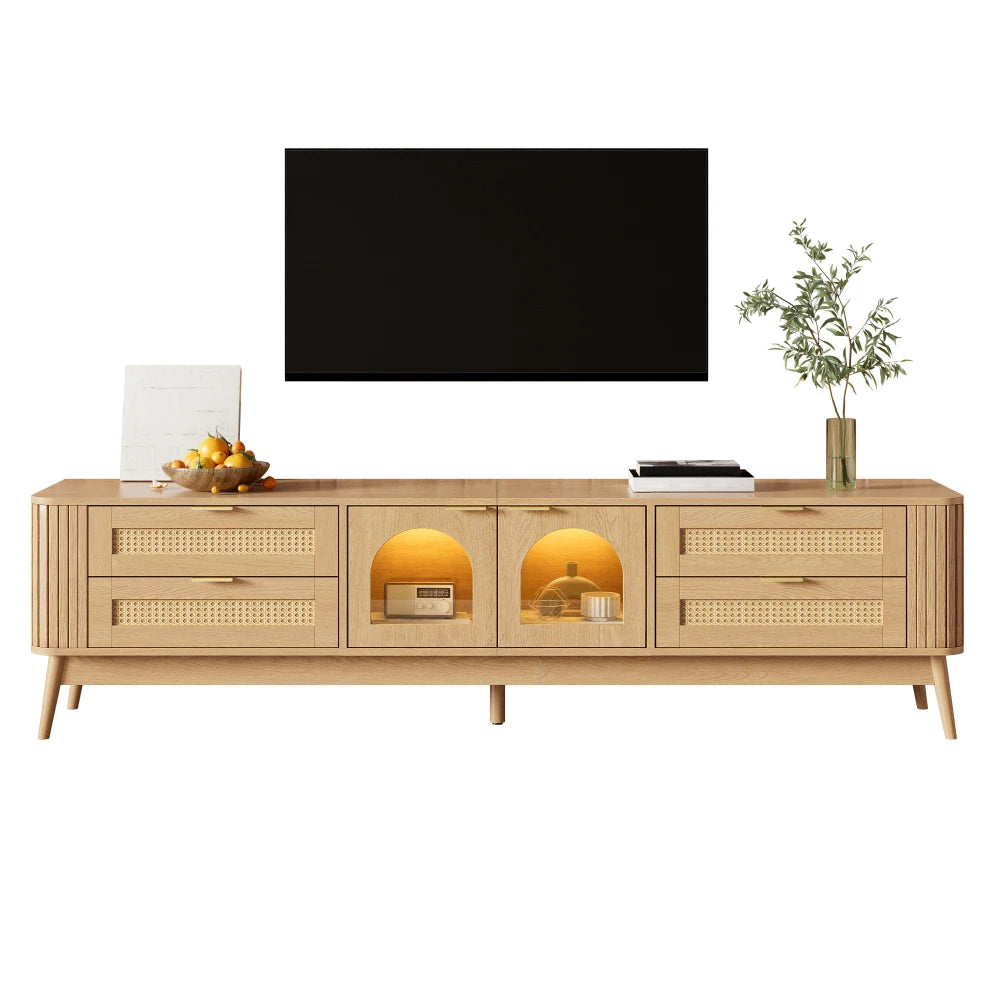 Moderne TV-bord 180 cm med buede glasskydelåger og træben