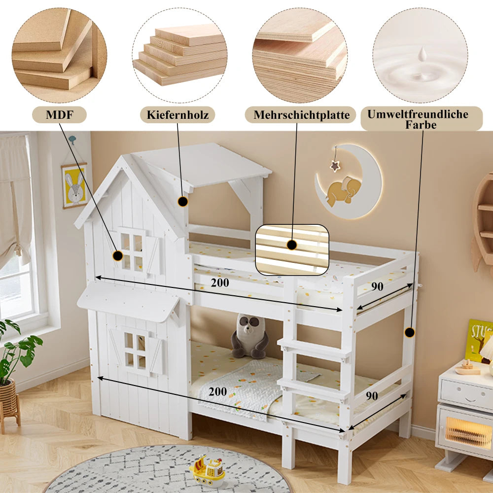 90x200cm Children's Bunk Bed, Beautiful Window and Roof