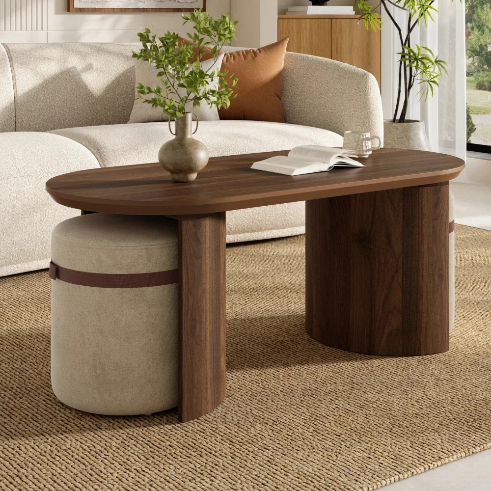 Oval Coffee Table Set with 2 Upholstered Armchairs
