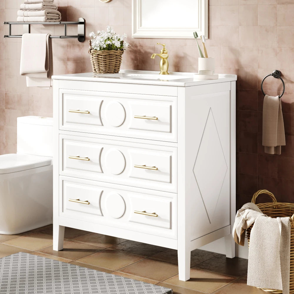 Freestanding White Bathroom cabinet with Ceramic Sink & Metal Handles
