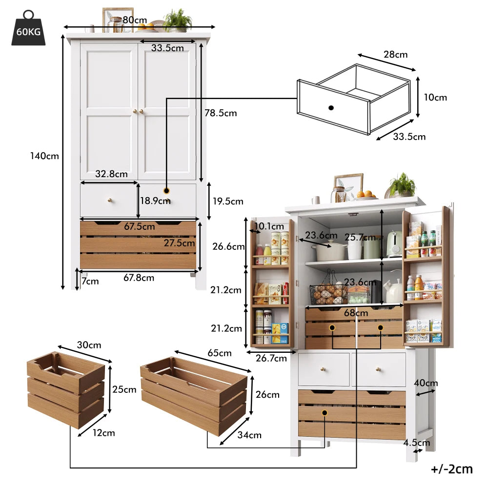 80x40x140cm Kitchen Cabinet, Multi-purpose Buffet, Snack Cabinet