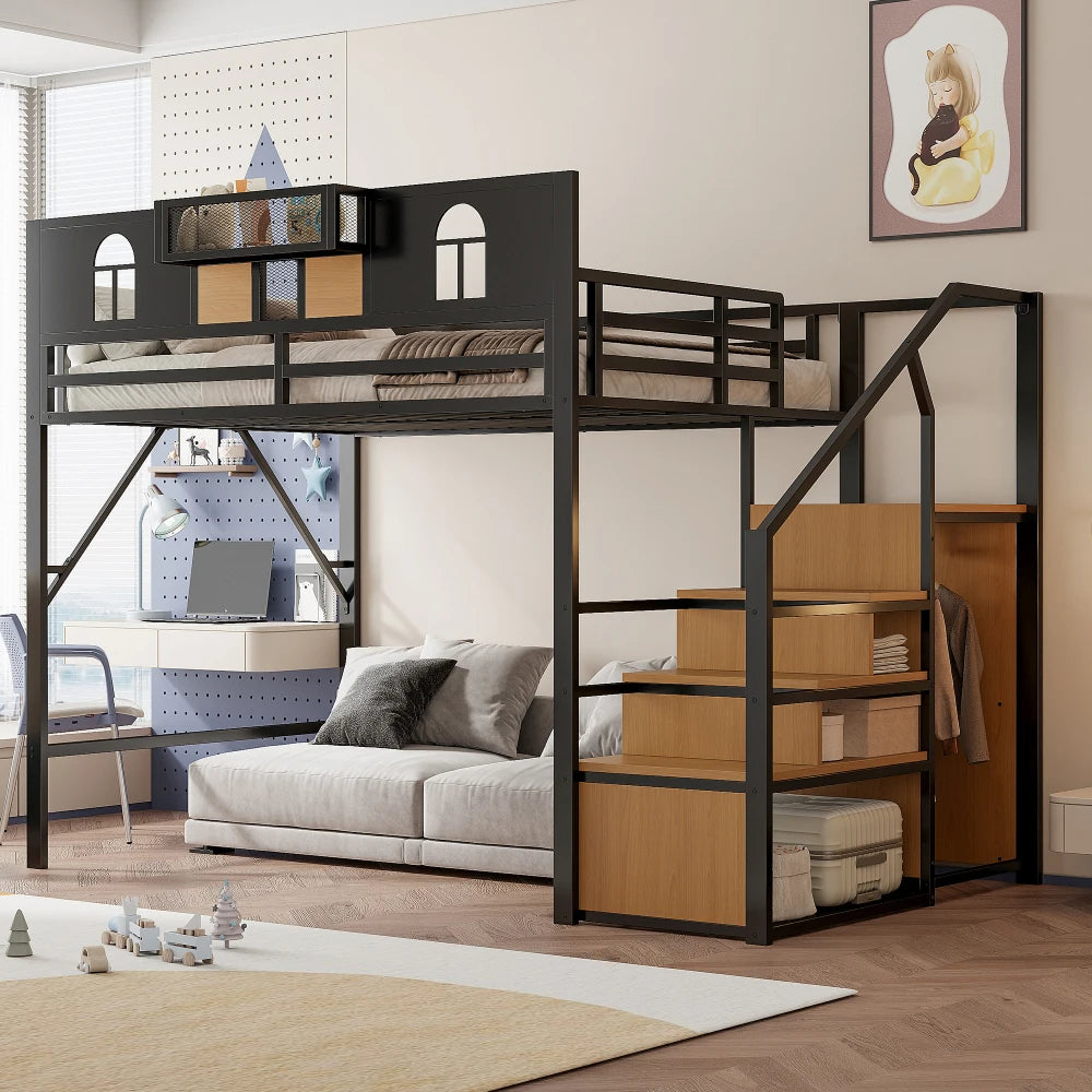 Metal High Bed 140 X 200 Cm, with Storage Guide, Window