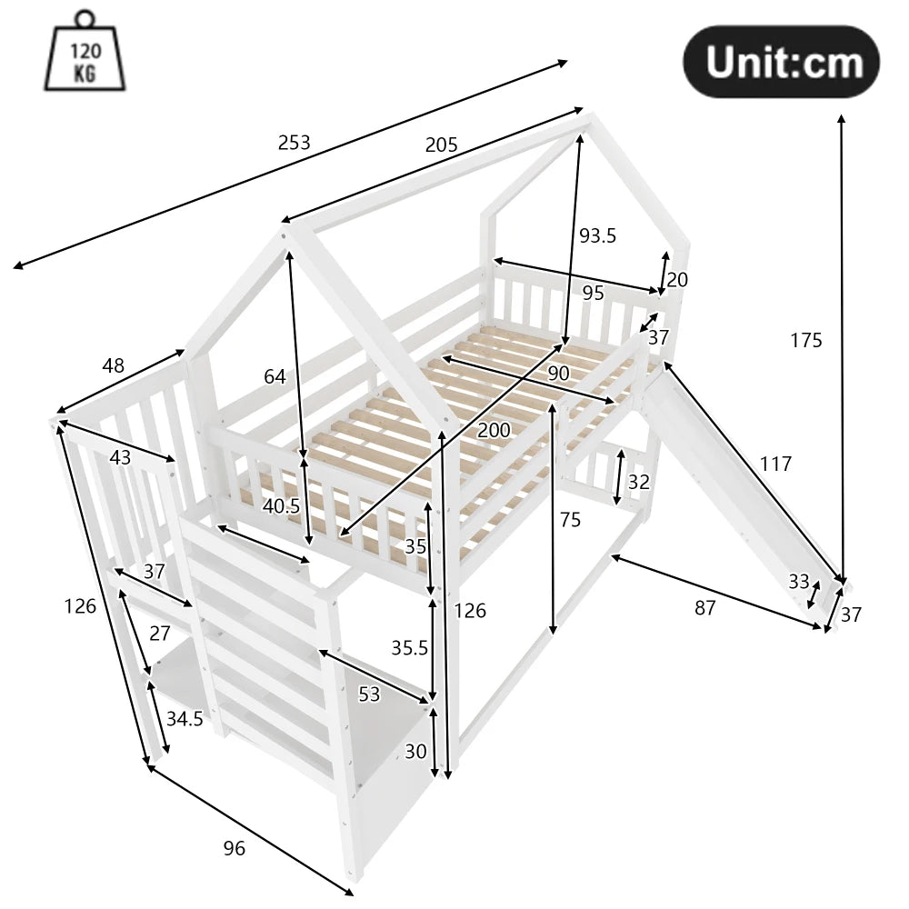 Bunk Bed with Staircase and Slide, House Bed(without Mattress)