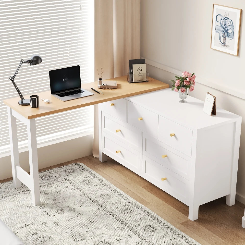 Desk with 7 Drawers Chest of Drawers -2-in-1 Turntable and Sideboard