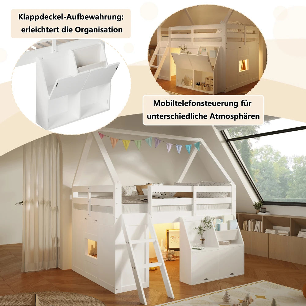 140×200cm White House‑Shaped High Bed Frame with Stairs