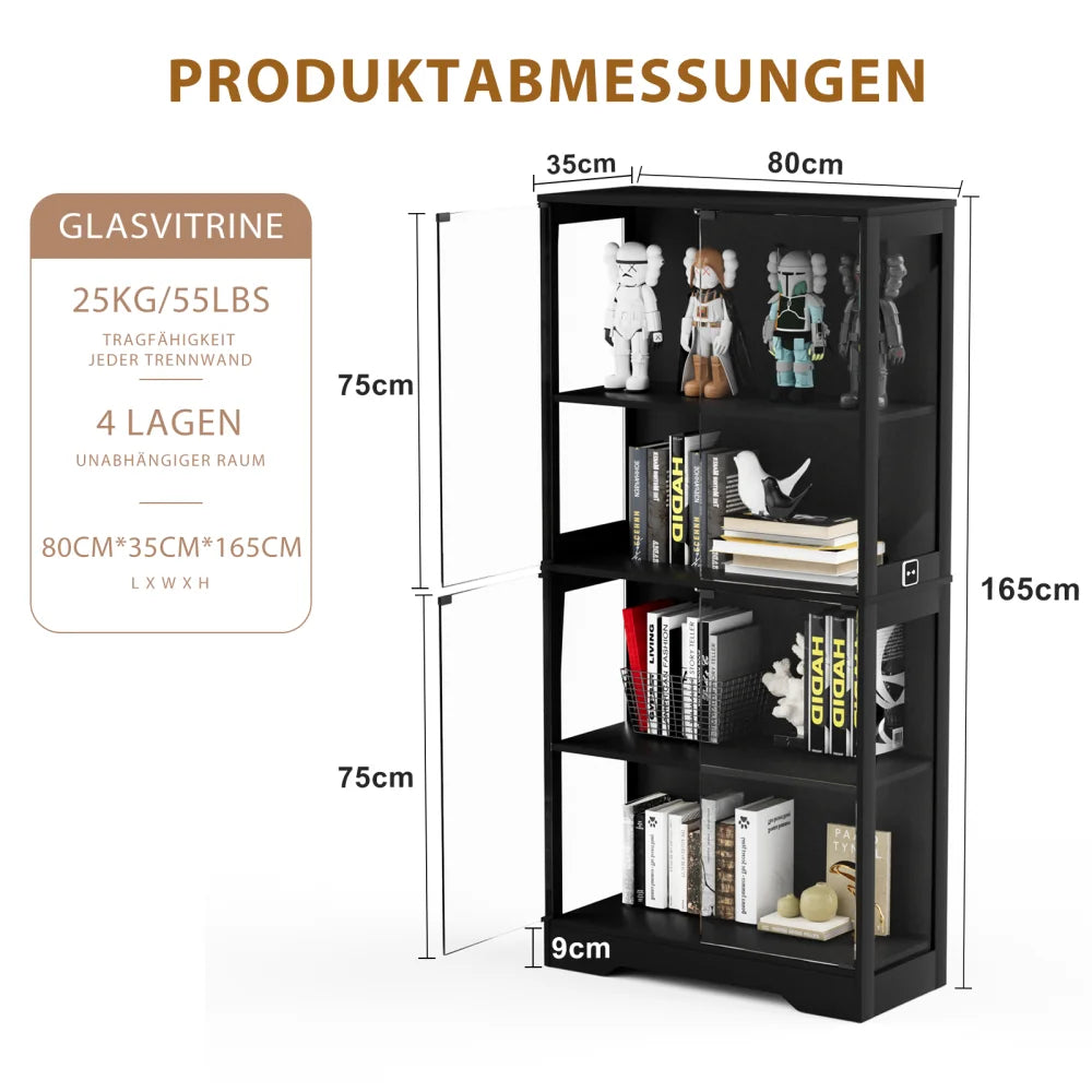 Four-storey Glass Showcase with Storage Space, LED Lighting