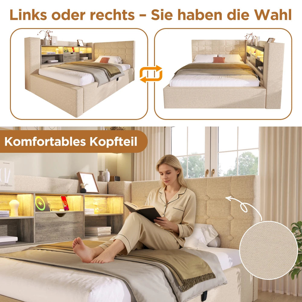 Upholstered Bed with LED Lighting, Hydraulic Storage Room, L-shaped Head