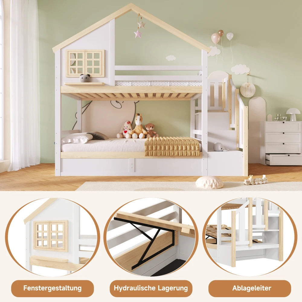 90x200cm & 140x200cm Hydraulic Lift Bunk Bed Frame with Protective Bed Grille Guard