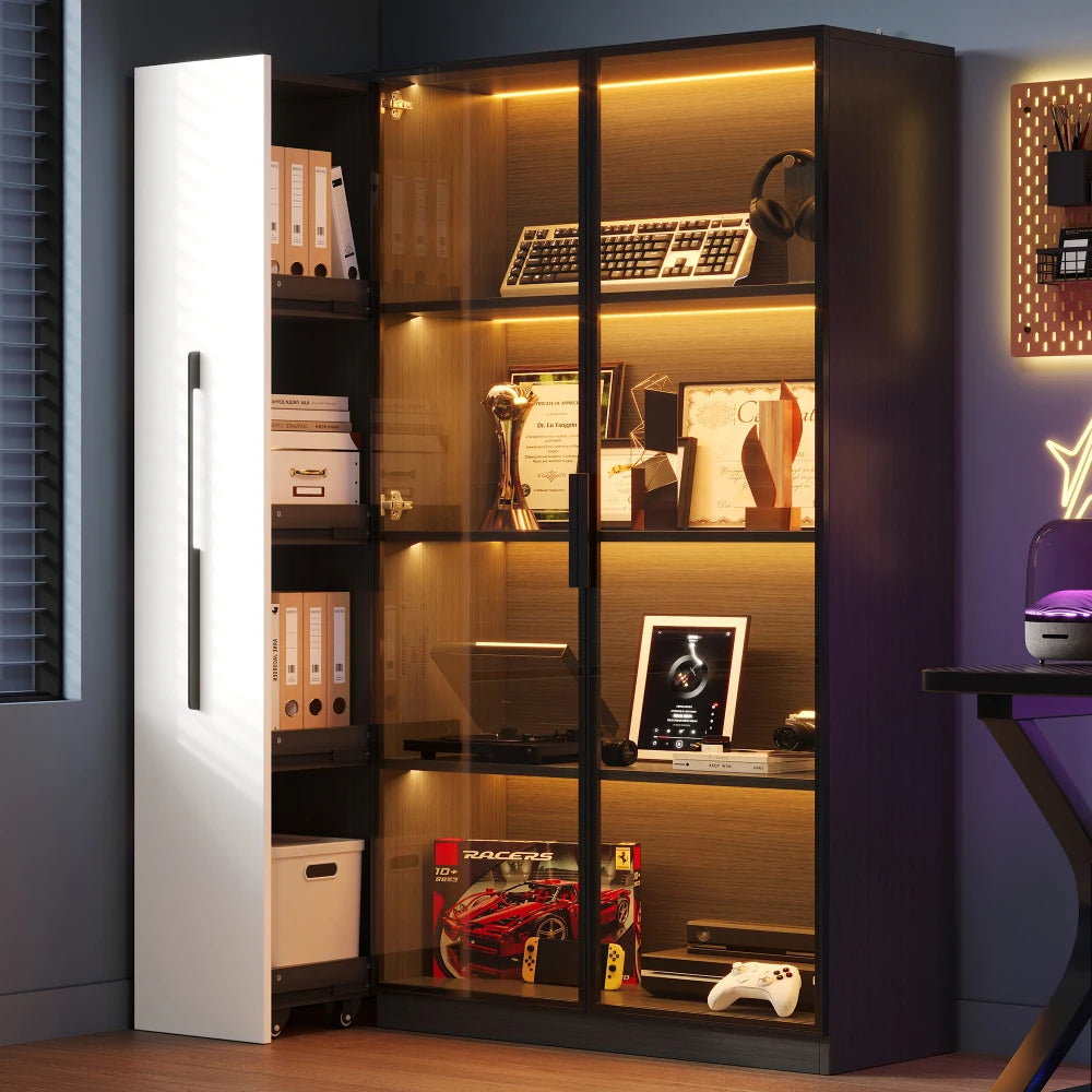 110.5×35×160cm Multifunction Showcase with Glass Door and LED, Side Drawer
