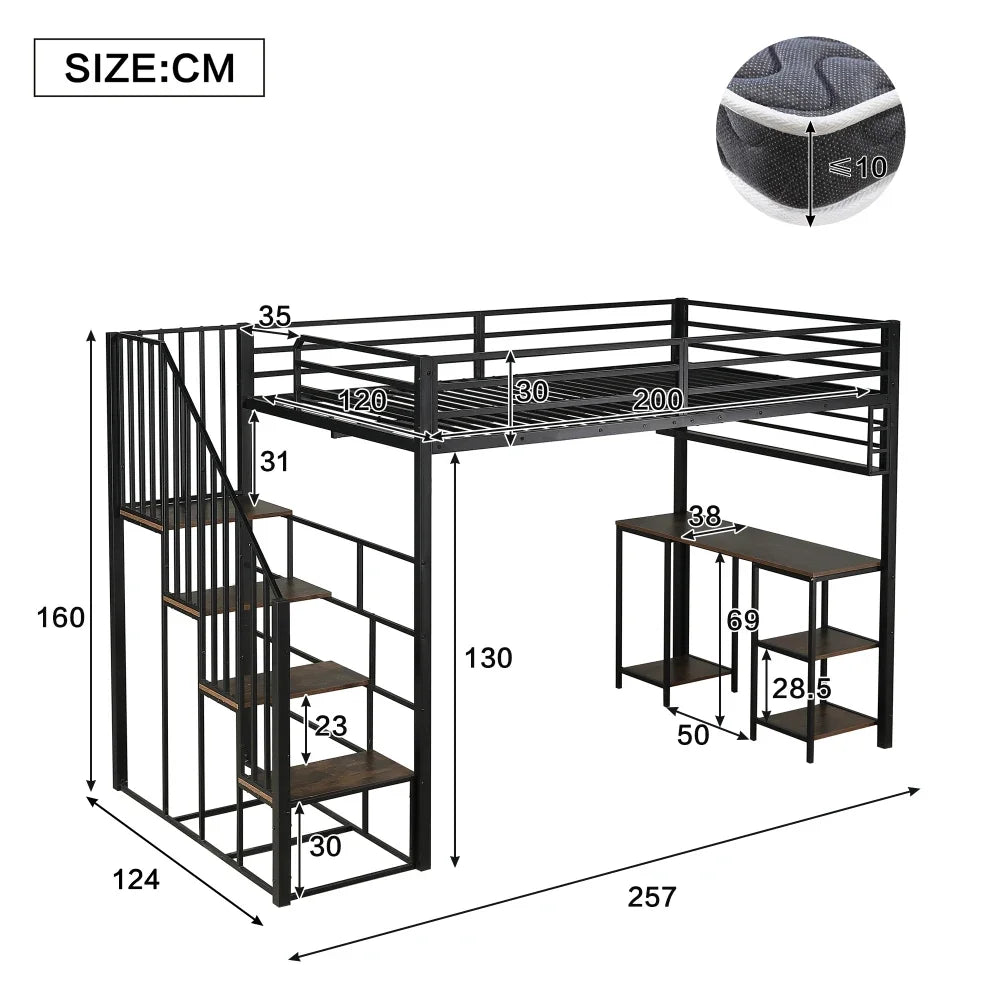 Modern Iron Bed, Bunk Bed, with Desk and Shelf, Stable Slat Grate