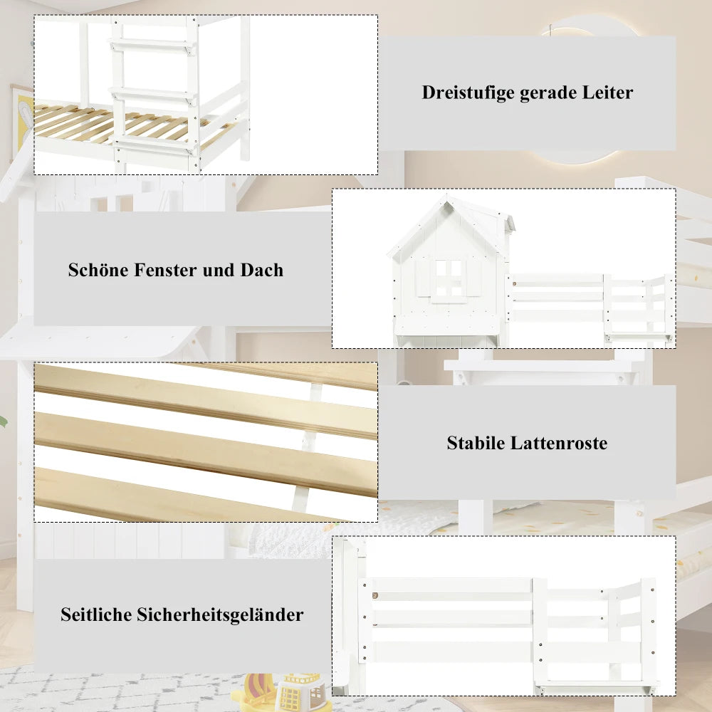 90x200cm Children's Bunk Bed, Beautiful Window and Roof