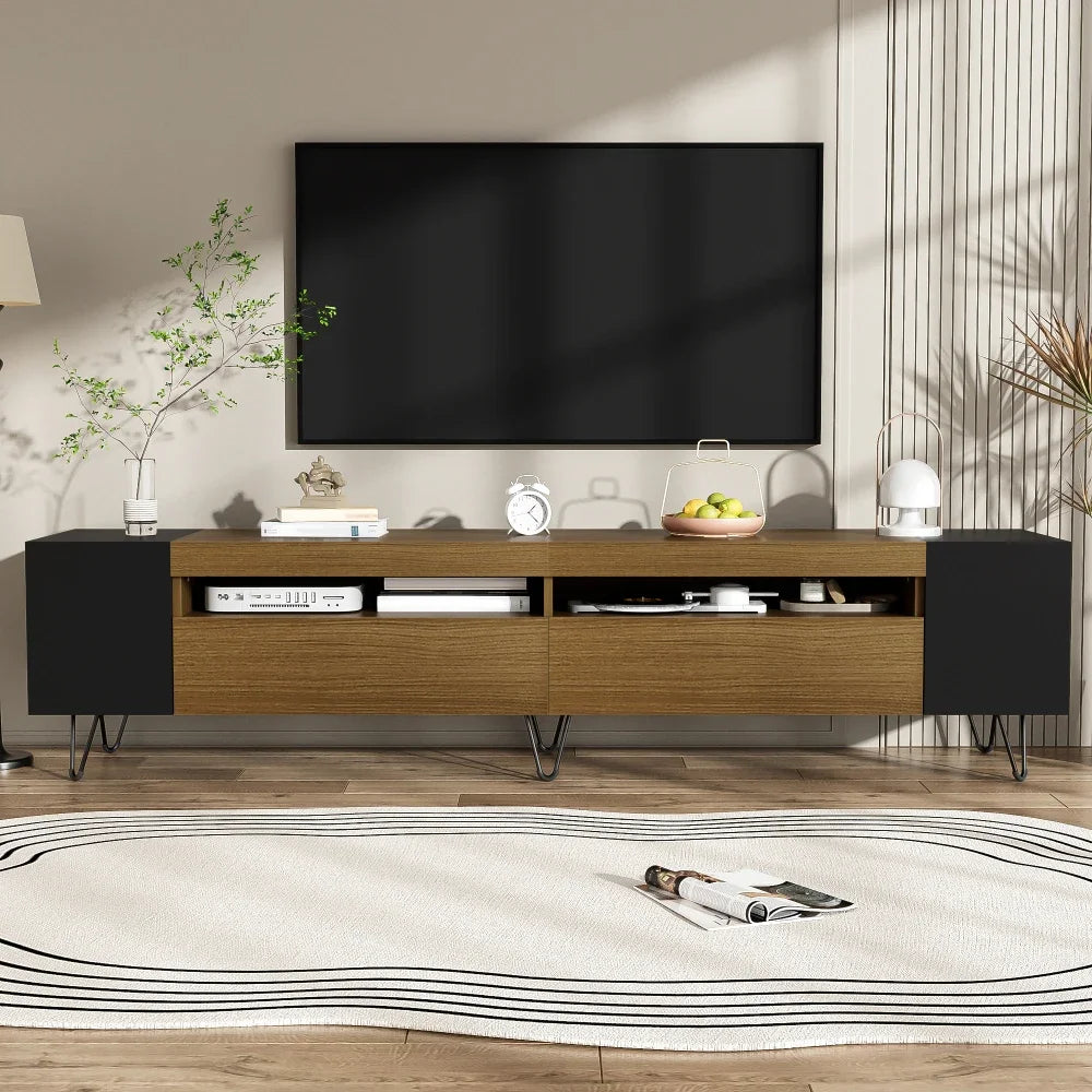 Modern TV Cabinet, Black and Wooden Optics, Length 180 Cm