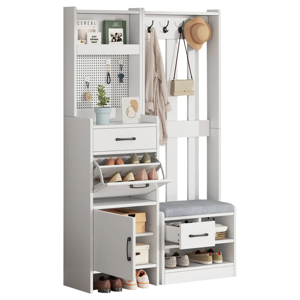 110*35*175.5cm Floor 7-in-1 Clothes Rack with Shoe Bench, Freestanding