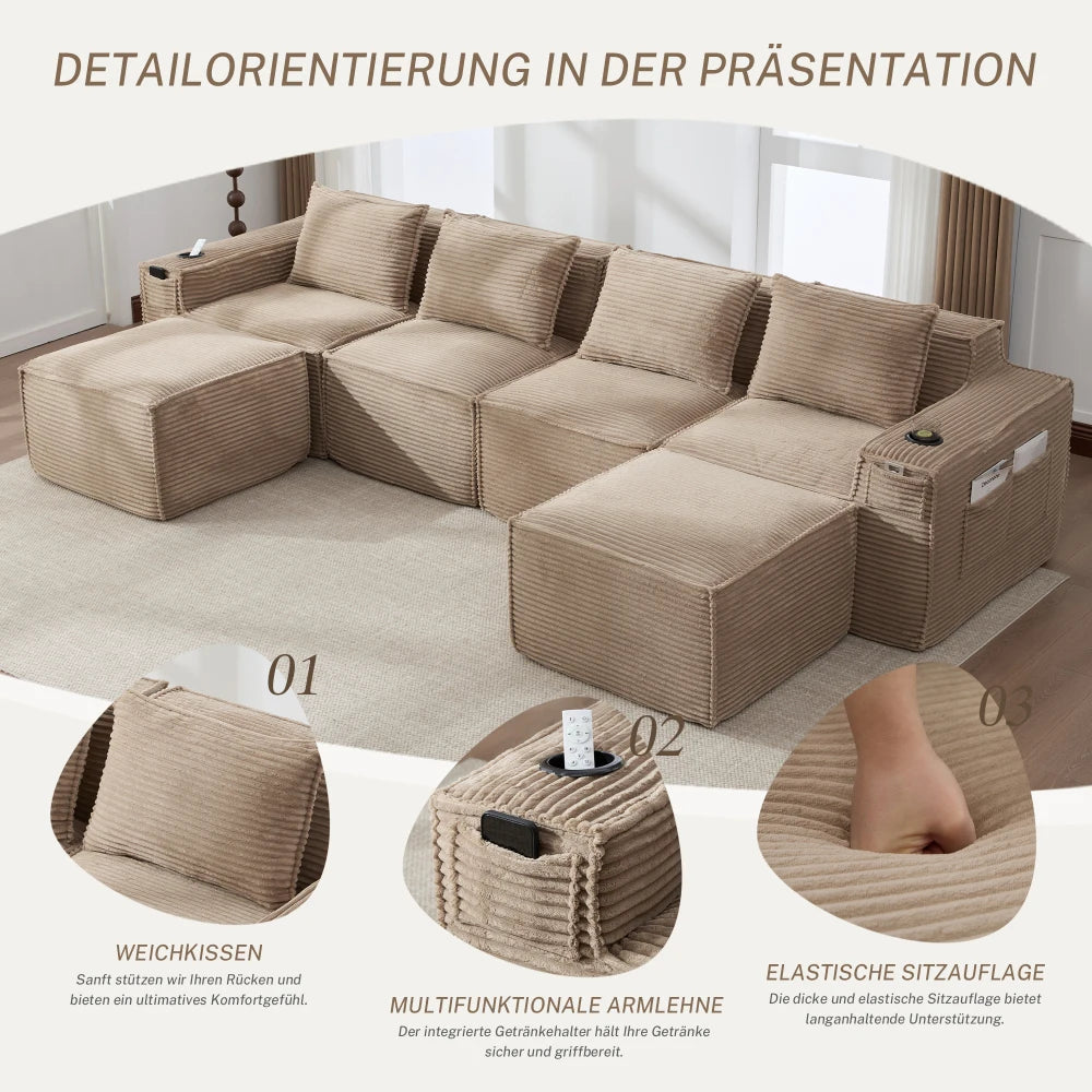 4-Seater Modular Corduroy Sofa Set with 2 Stools
