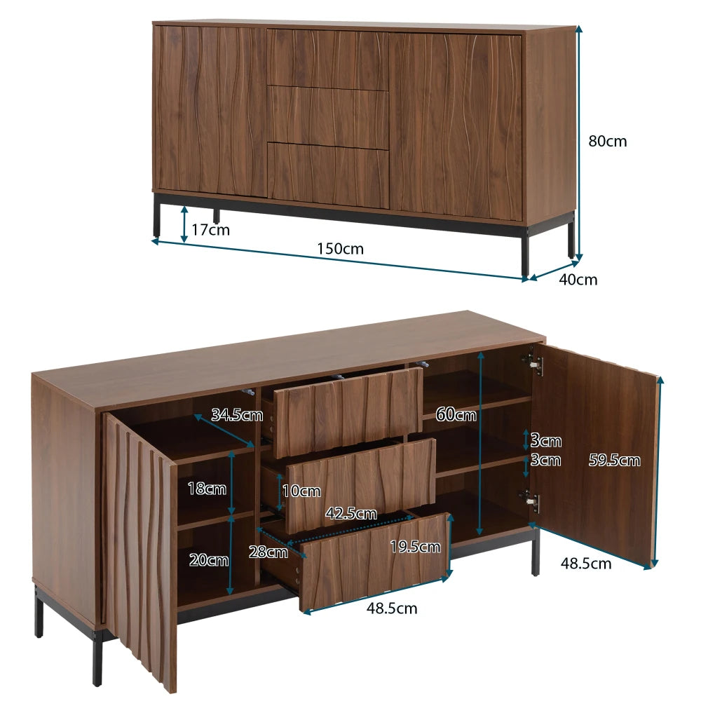 Sideboard 150cm, 3 Drawers, Large Sideboard, Kitchen Cabinet