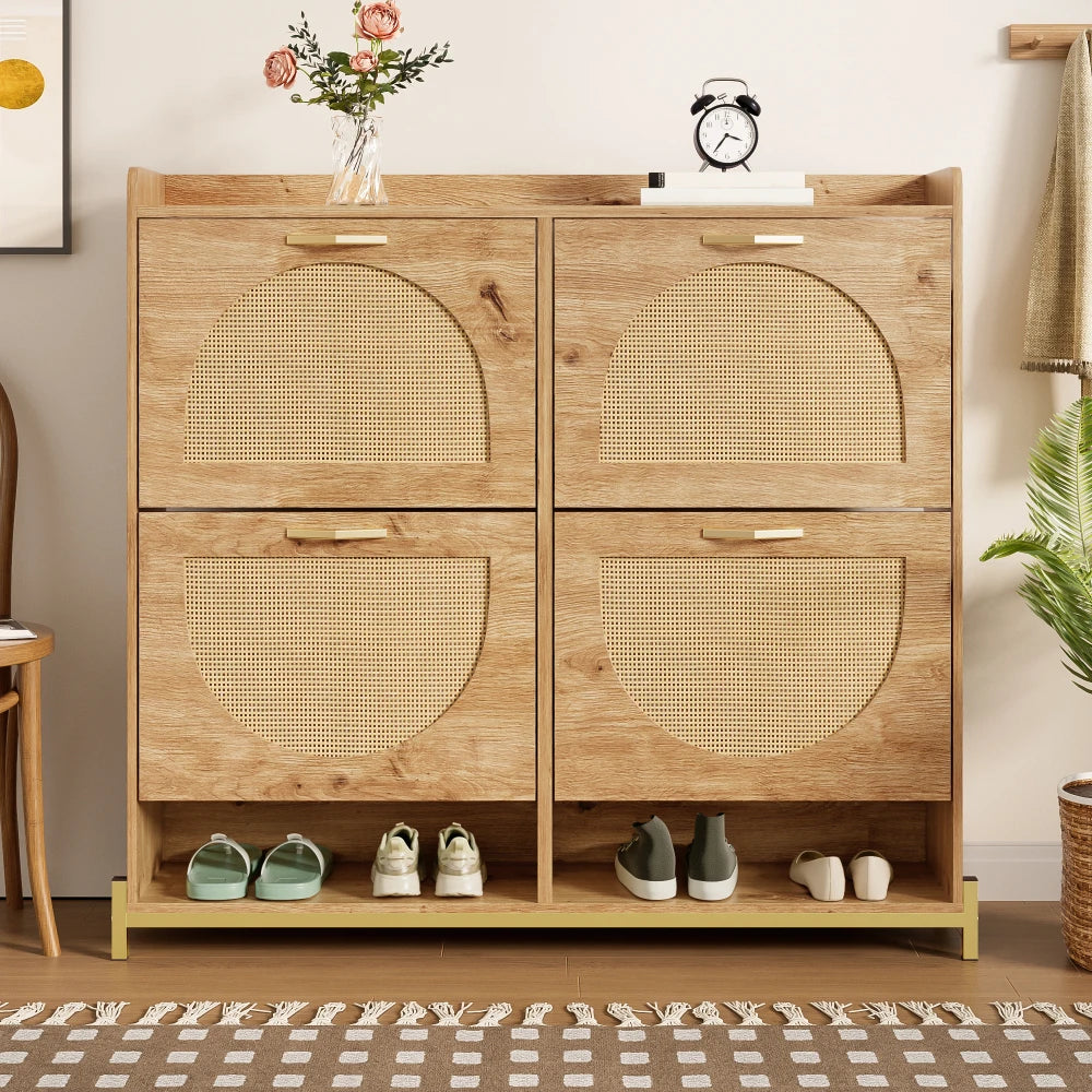 Elegant Wooden Shoe Cabinet with Rattan Doors, 4 Doors