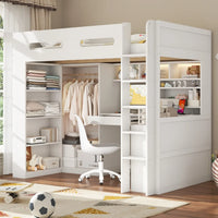 90x200cm White High Bed Frame, Loft Bed with Under‑Bed Desk