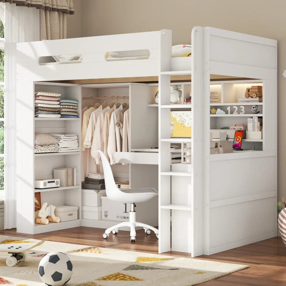 90x200cm White High Bed Frame, Loft Bed with Under‑Bed Desk