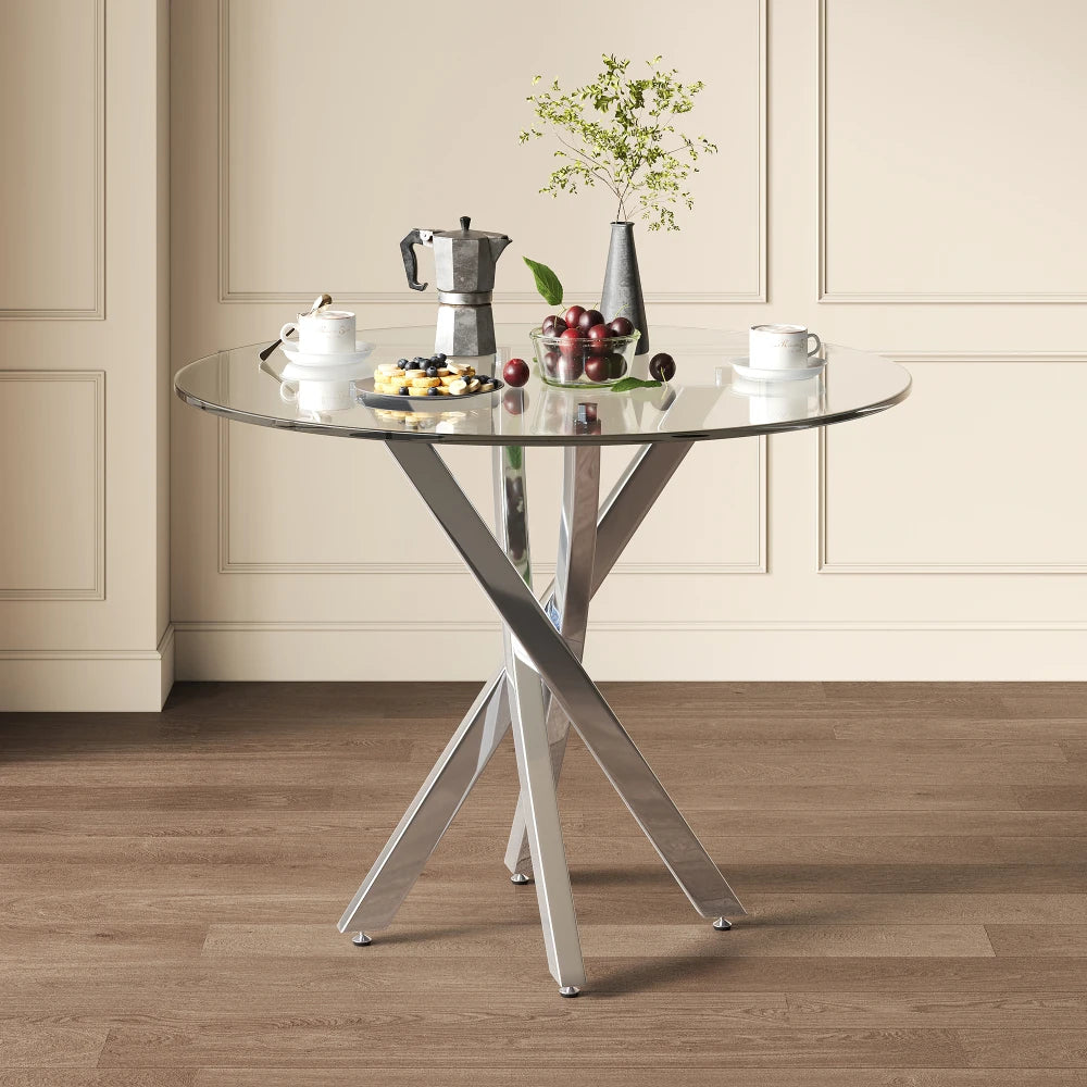 Round Dining Table, 80*80*75 Tempered Glass Table Top, Modern Dining Table