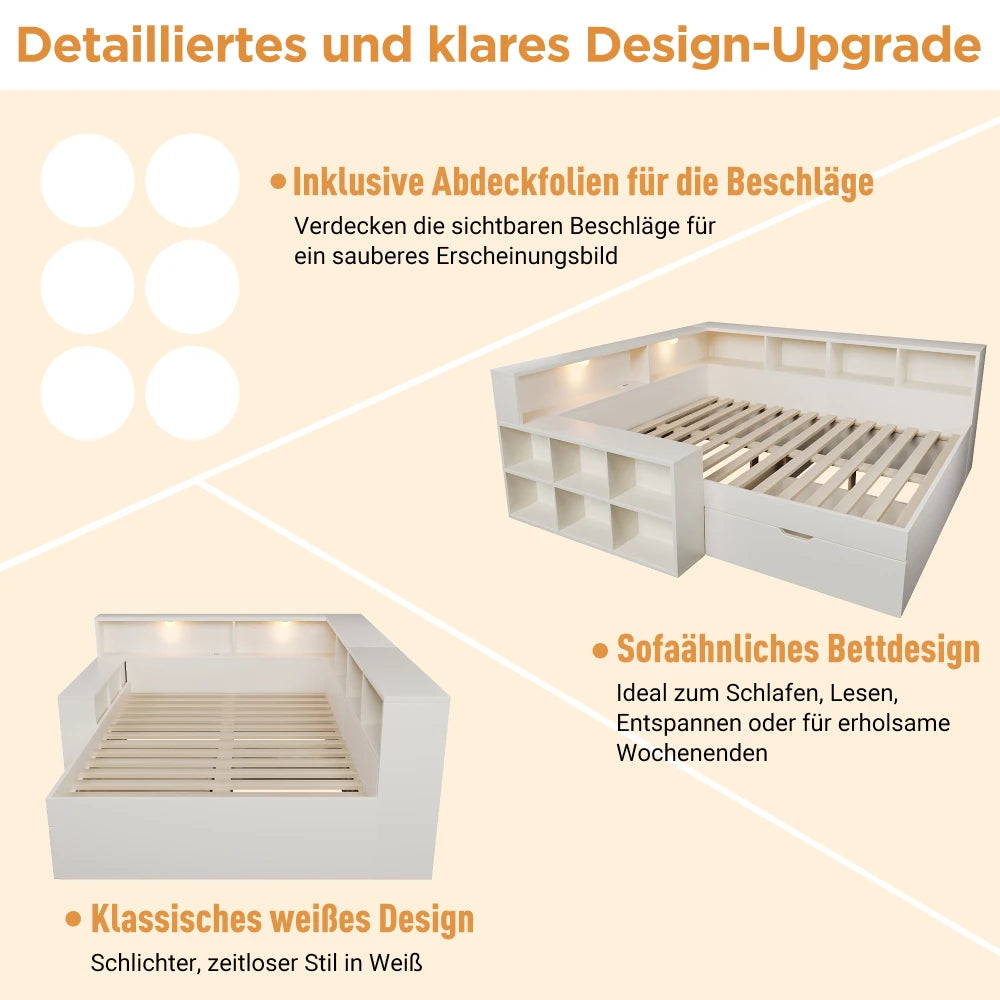 90x200cm /140x190cm /140x200cm Wooden Bed with Storage Space & Reading Light