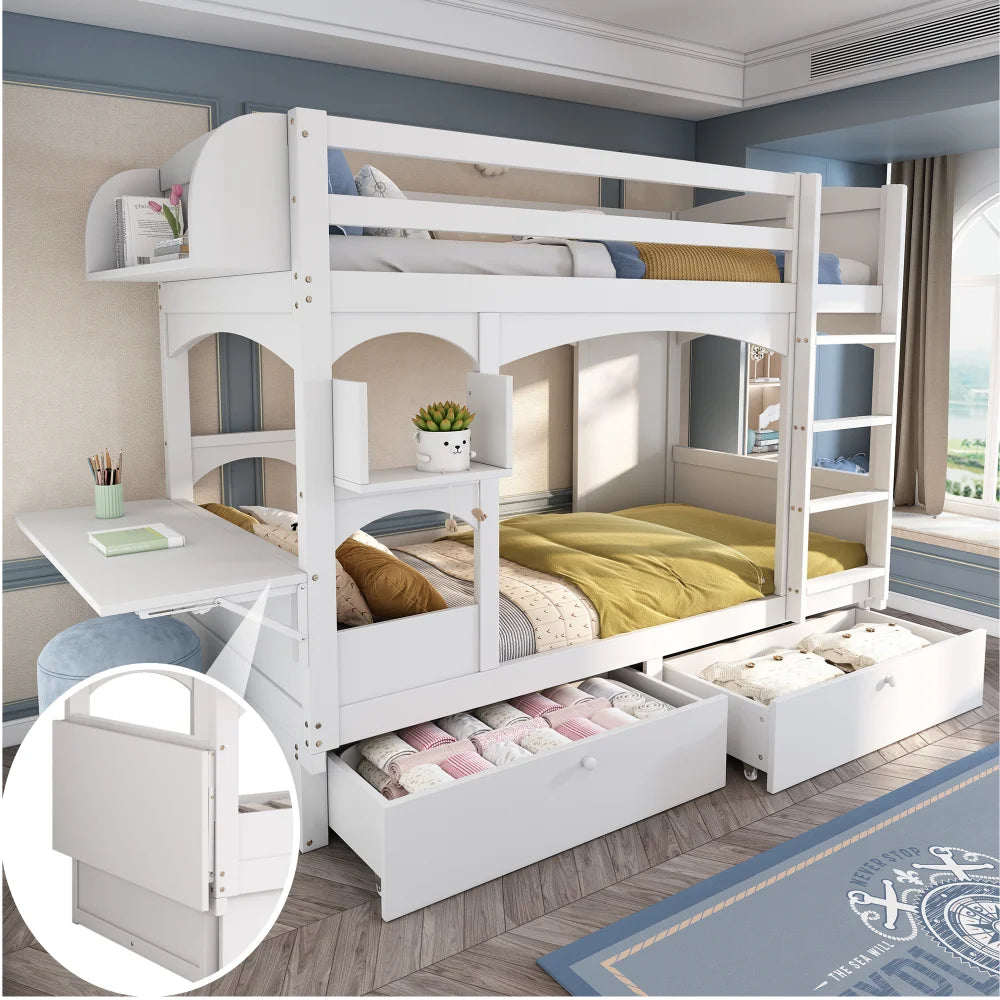 90*200 Multifunctional Children's Double Bed, with Folding Desk and Shelf
