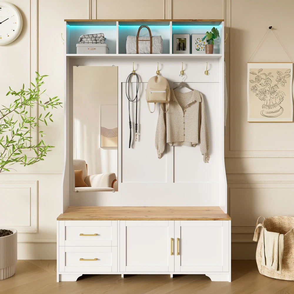 Multifunctional Shoe Cabinet with LED Lighting, Mirror, Hooks and Drawers