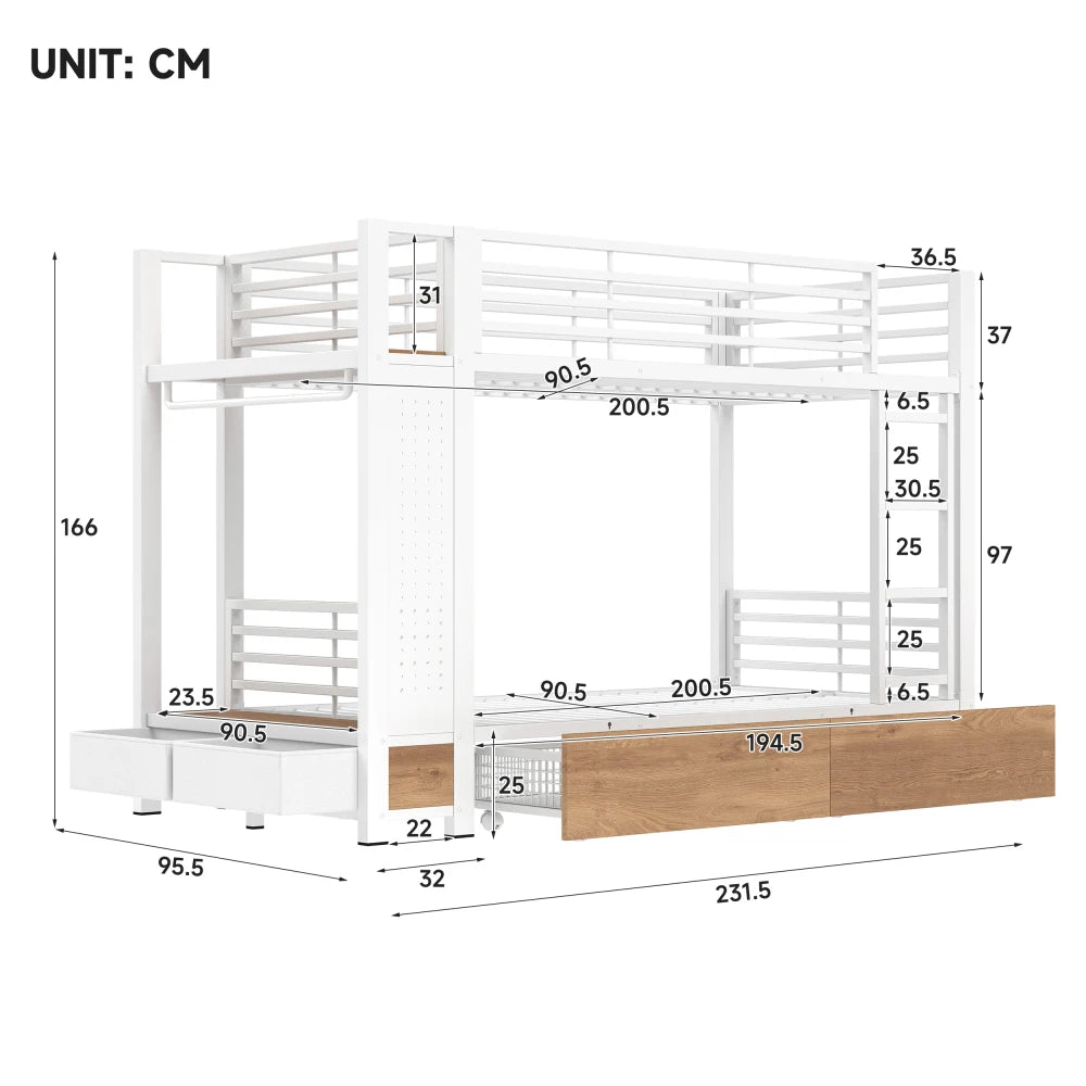 90x200cm White Metal Iron Frame Bunk Bed with 4 Storage Drawers